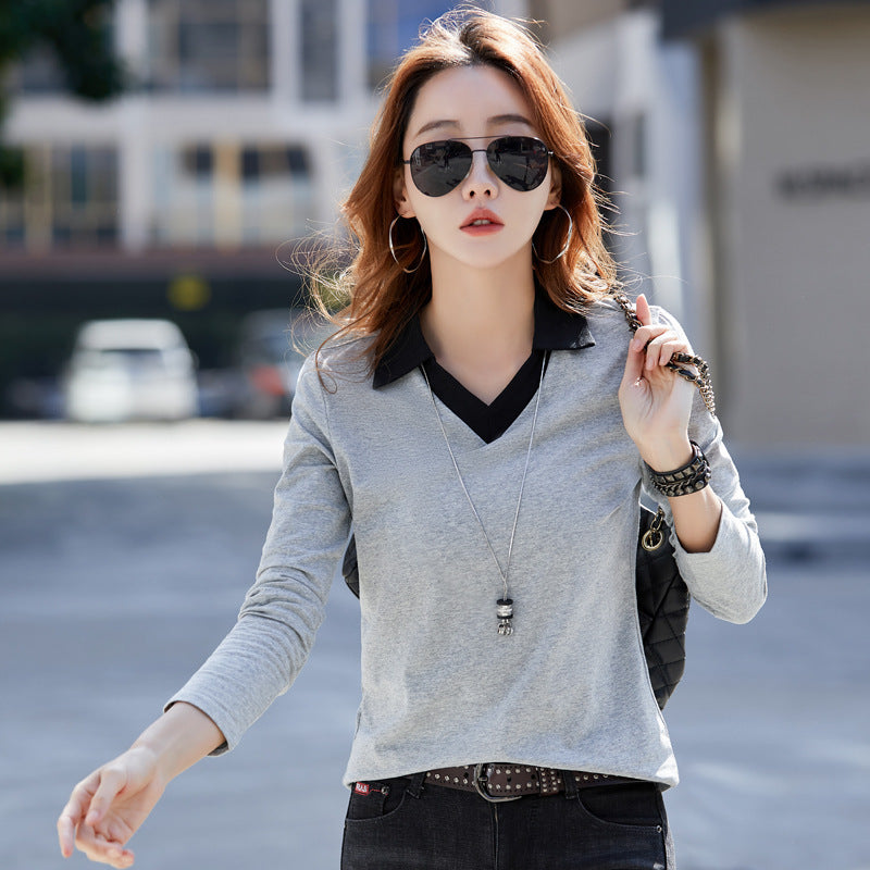 Lapel Long Sleeve T-shirt Women&