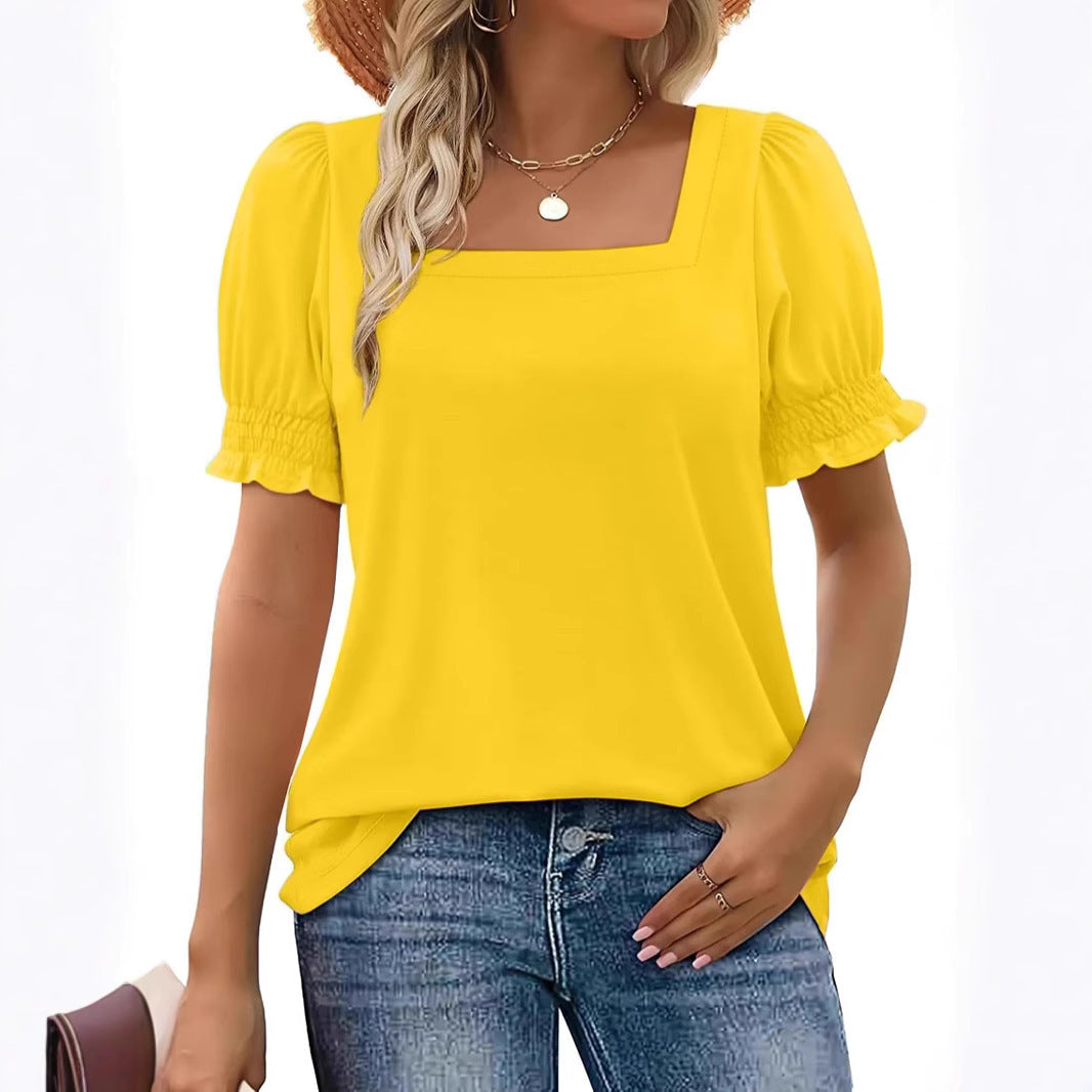 Spring And Summer New Fashion Simple U-neck Petal Sleeve Loose T-shirt Limorista