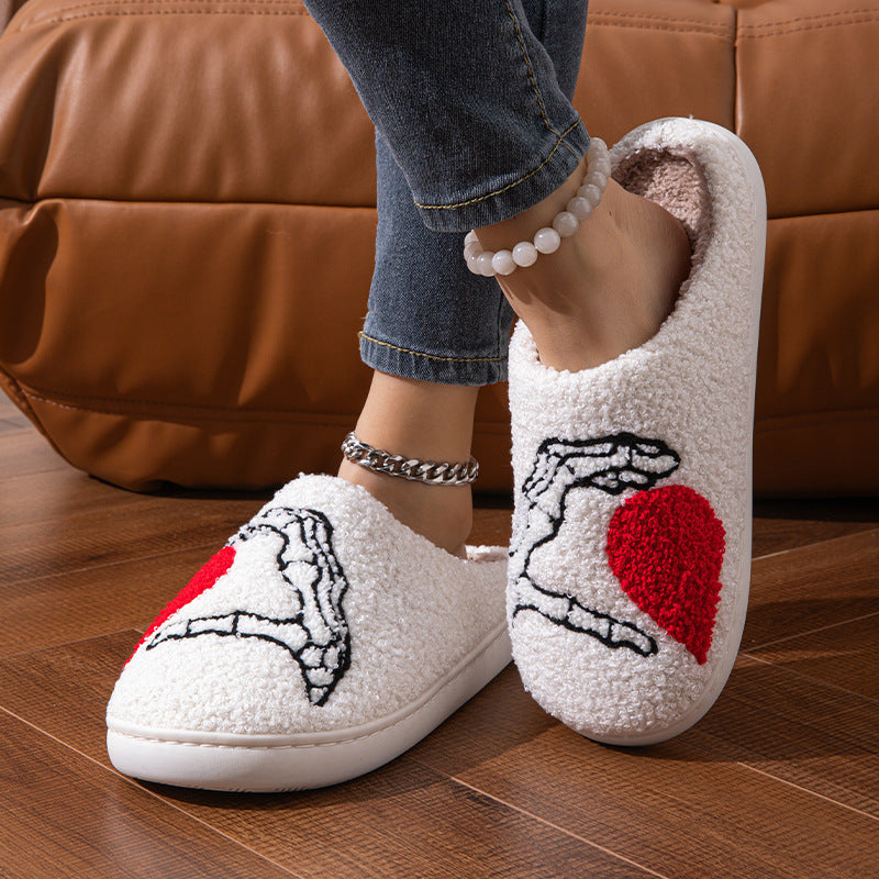 Funny Halloween Love Skull-hand Slippers Home Non-slip Soft Bottom Cotton Floor Bedroom Slippers Winter Warm House Shoes For Women Men Limorista