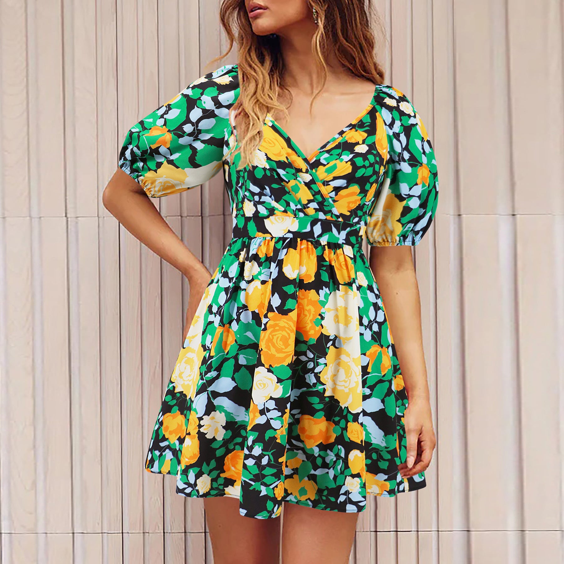 Flowers Print V-Neck Lantern-sleeve Dress Y2K Summer Vacation Beach Short Dresses Fashion Womens Clothing - Limorista