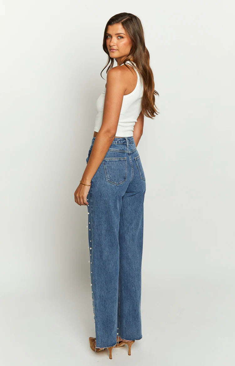 Oblique Waist Cross Beaded Straight-leg Frayed Hem Jeans Limorista