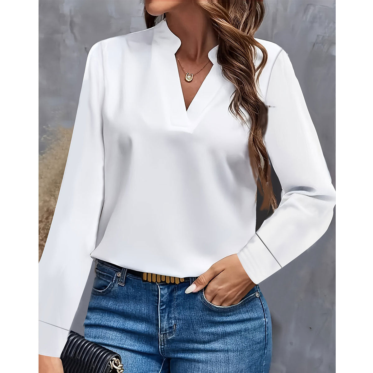 Simple Casual Solid Color And V-neck Loose Shirt Women&