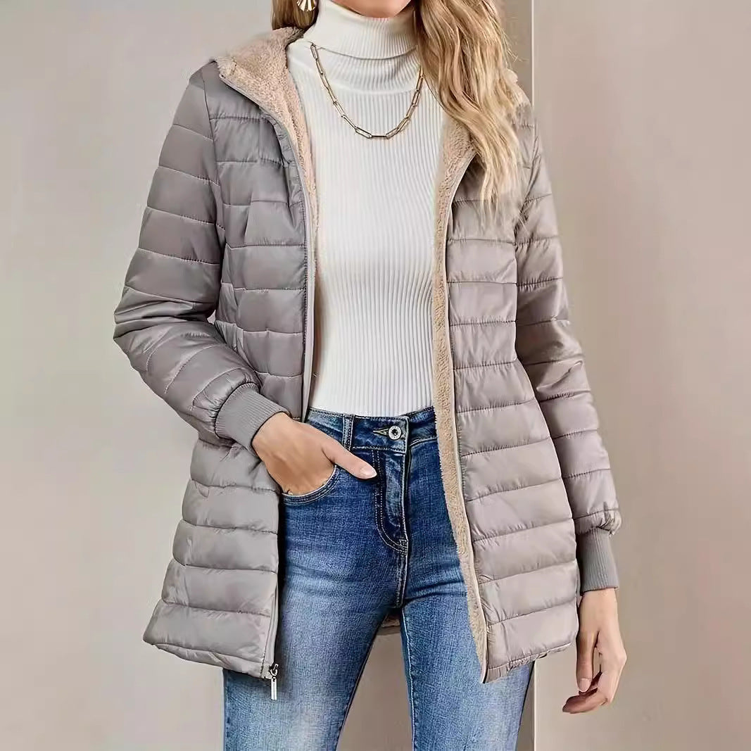 Mid-length Loose Hooded Fleece-lined Quilted Cotton Jacket Limorista
