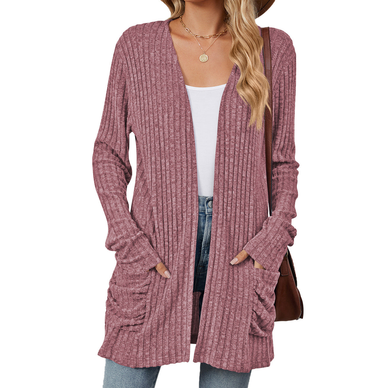 Solid Color Pocket Long Sleeve Bottoming Cardigan Knitwear Limorista