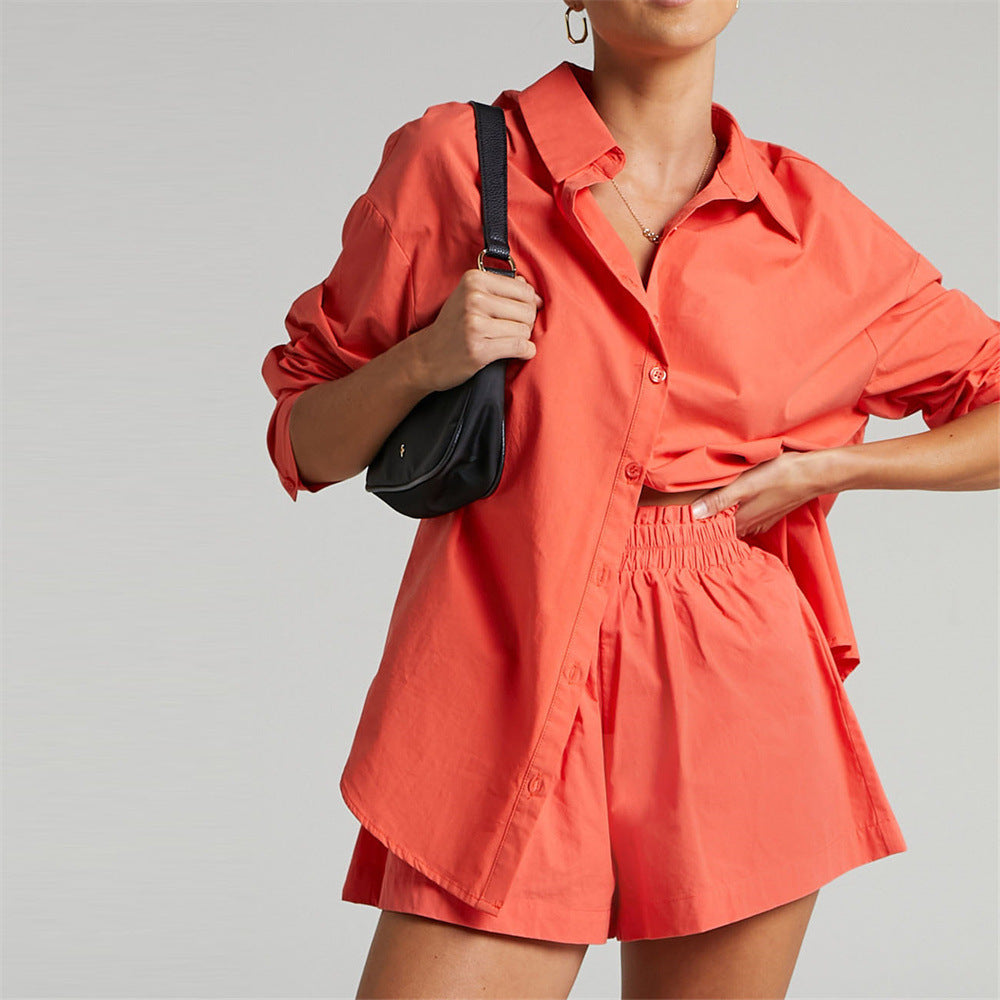 Solid Single Breasted Long Sleeve Lapel Shirt Shorts Limorista
