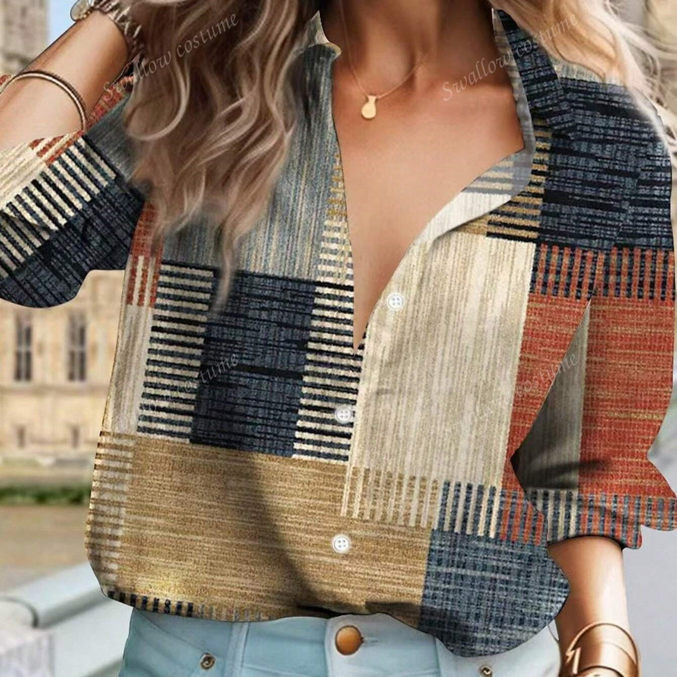 Color Block Button Print Long Sleeve Casual Retro Shirt Limorista