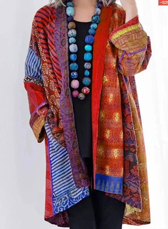 Cotton And Linen Loose Ethnic Style Plus Size Long Sleeve Printed Coat Limorista