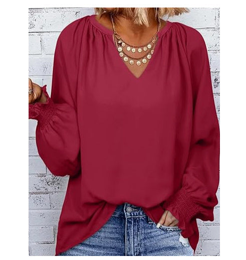 Autumn And Winter Solid Color Simple Cuff Smocking V-neck Women&