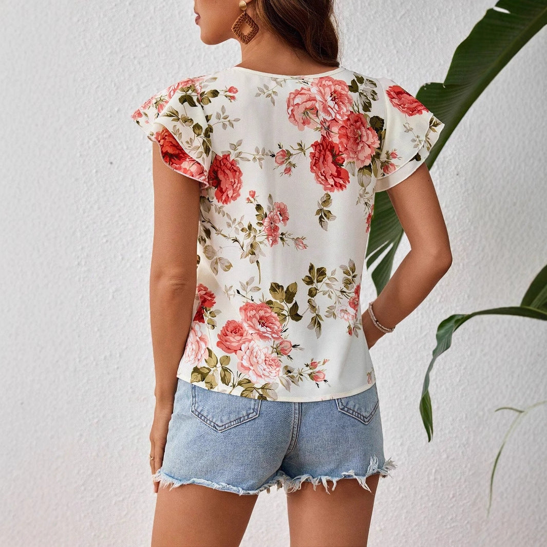 Floral Print Short Sleeve Shirt Summer Fashion Ruffled Tops Women&