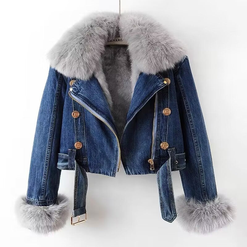 Detachable Fox Fur Rabbit Fur Liner Denim Coat Limorista