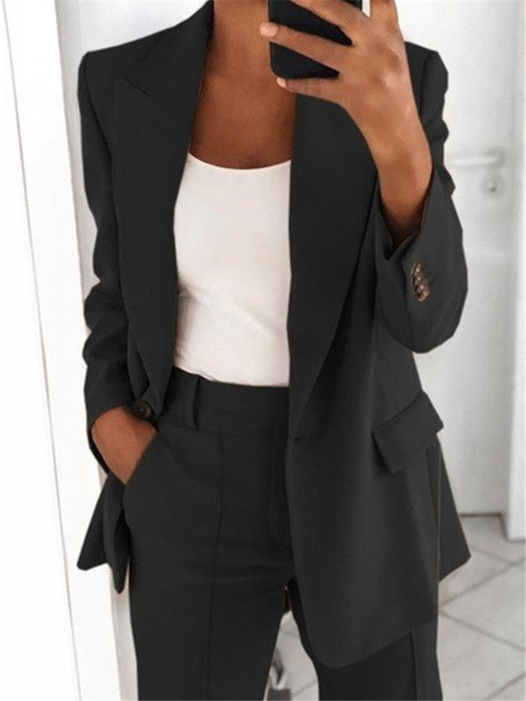 Limorista - Ins Button Casual Suit Fashion Long-sleeved Lapel Blazer Jacket And Slim-fit Pocket Trousers For Women Clothing
