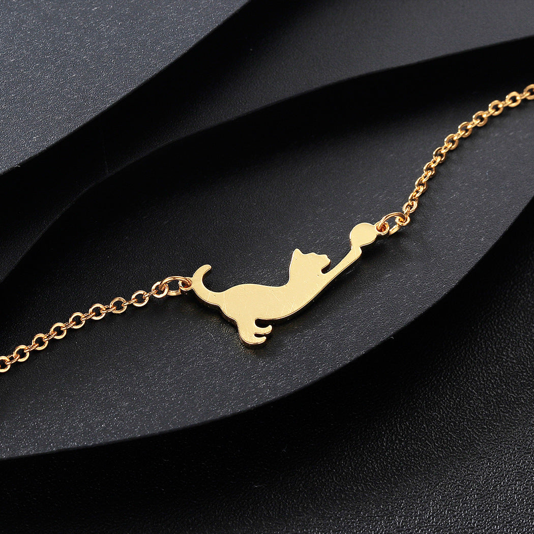 Stainless Steel Cat Play Pendant Personalized Women&