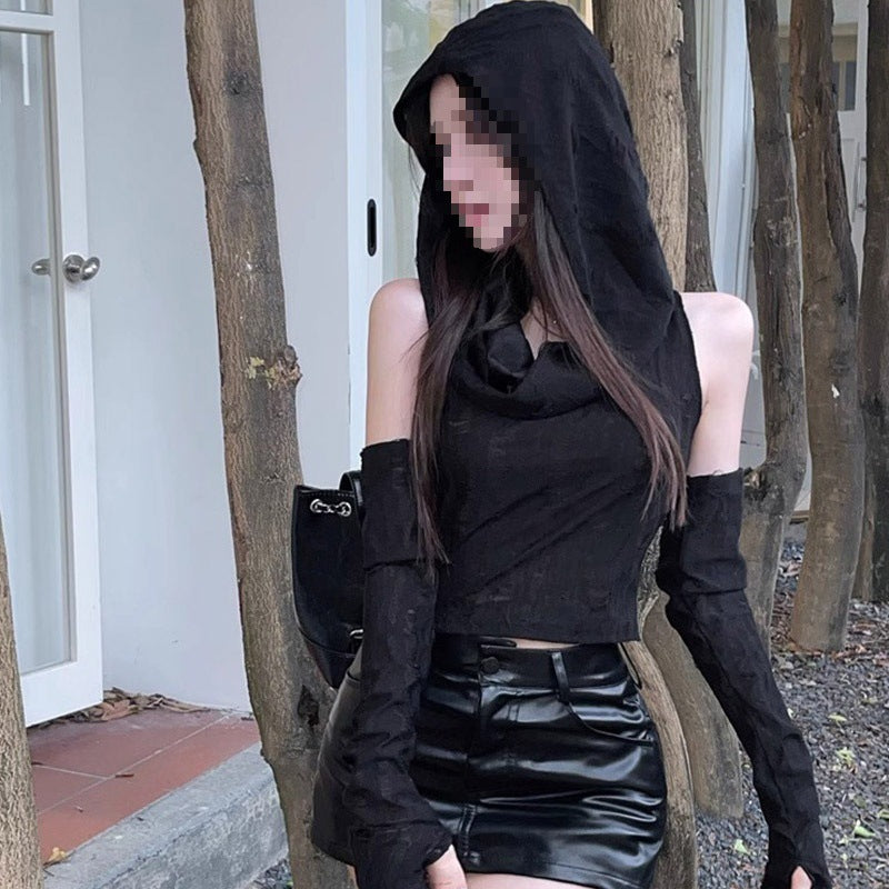 American Hot Girl Sleeveless Cold-shoulder Hooded Oversleeve T-shirt Limorista