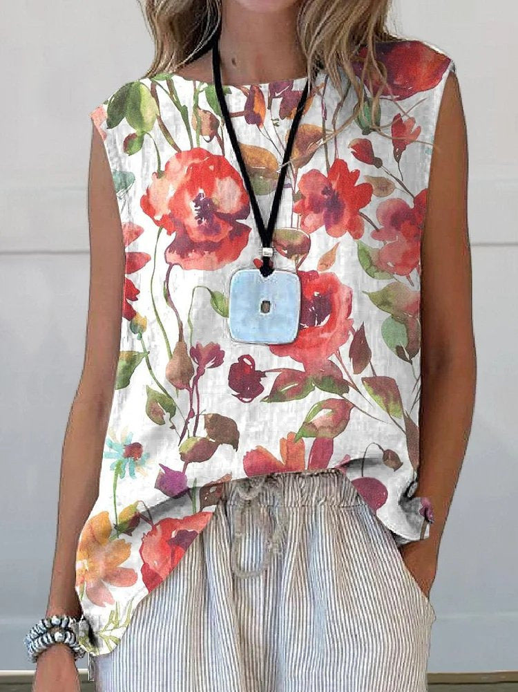 European And American Floral Cotton Linen Vest Limorista