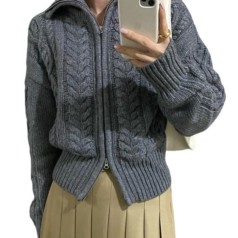 Retro Lapel Lapel Double Zipper Design Sweater Limorista