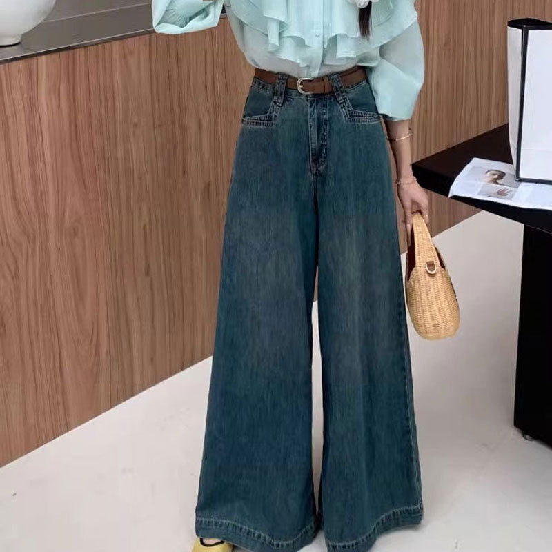 Large Wide-leg Jeans For Women, Loose Pear-shaped Retro Straight Trousers, Covering The Flesh, Versatile Autumn High Waist Mopping Pants Limorista