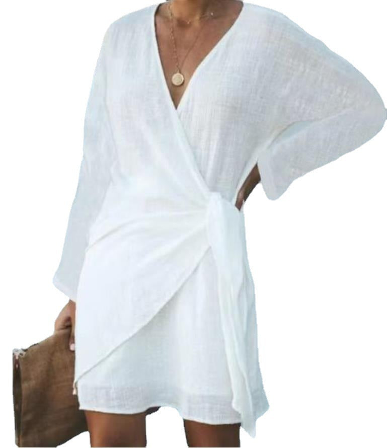 Leisure Style Cotton Linen Cross V-neck Solid Color Long Sleeves Mid-length Dress Limorista