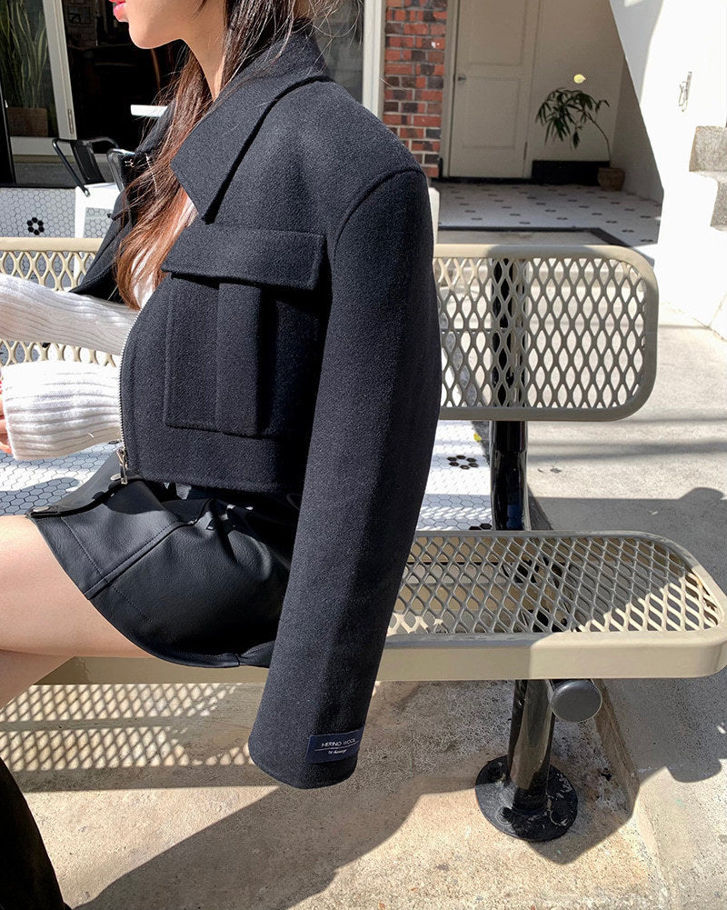 French Style Design Flap Pocket Zipper Short Woolen Coat Limorista