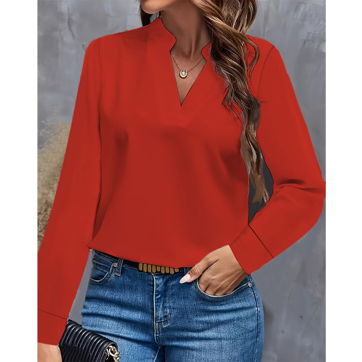Simple Casual Solid Color And V-neck Loose Shirt Women&