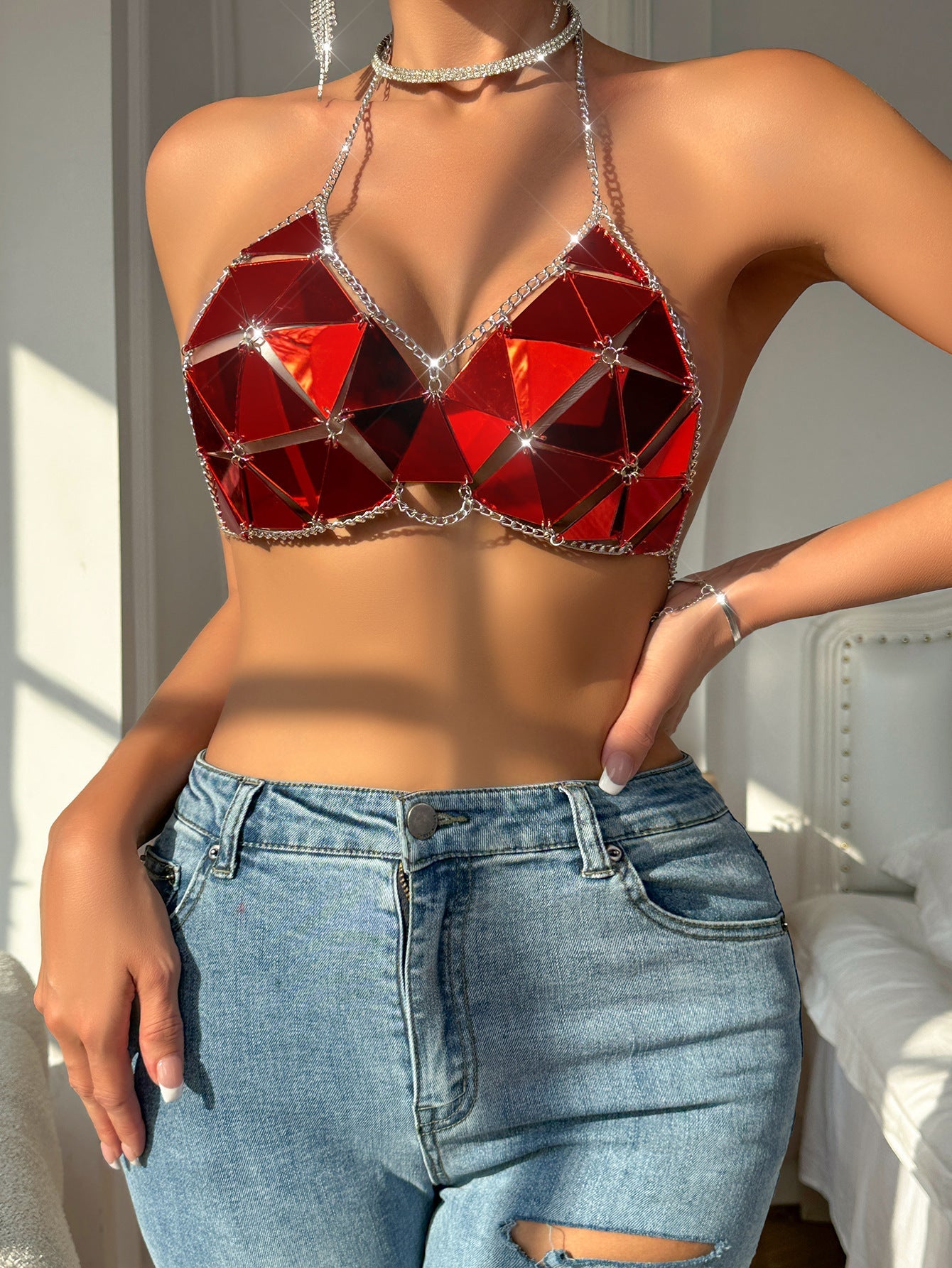 Fashion Nightclub Acrylic Paillette Triangle Stitching Bikini Limorista