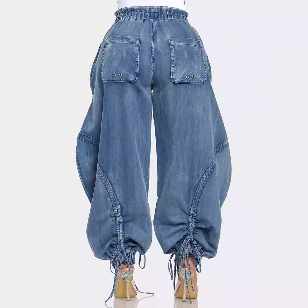 Rope Adjustable Elastic Waist Drawstring Lace-up Ankle-tied Bow Loose Jeans Limorista