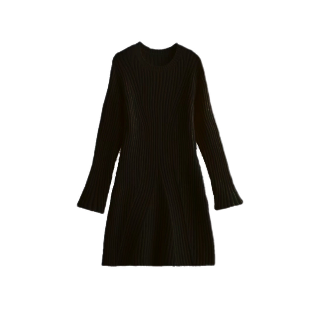 Fashion Solid Ribbed Knitted Dress Fall And Winter Slim-fit Stand-up Collar A-line Dresses Women&