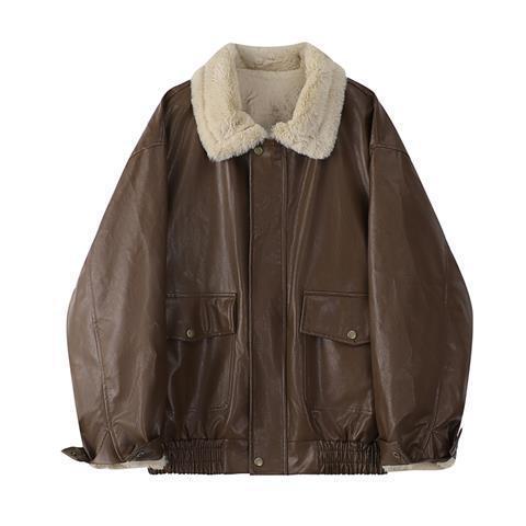 Zipper Retro Fashion Elegance Leather Coat Women&