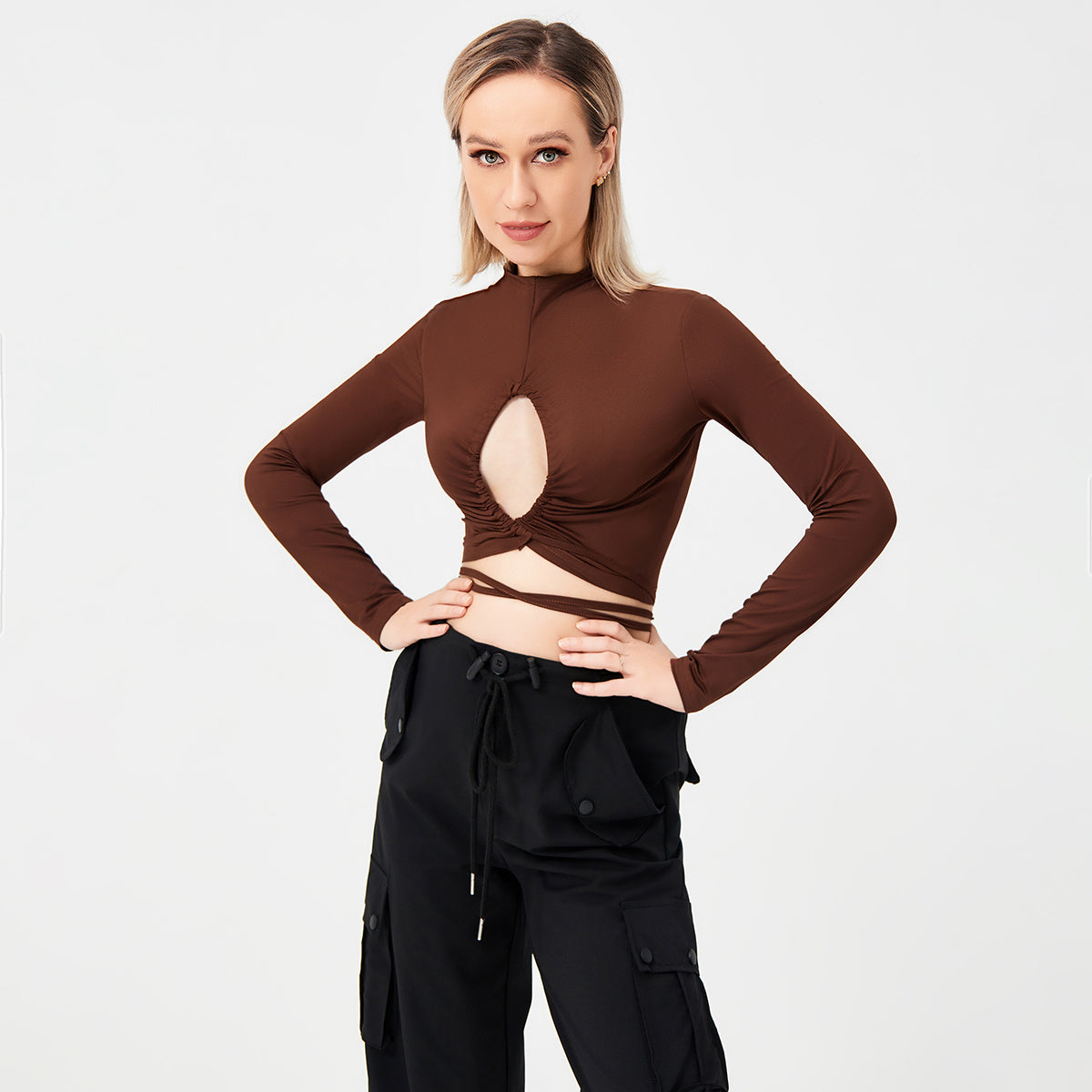 Long Sleeve Tie Cutout Sexy T-Shirt Women&