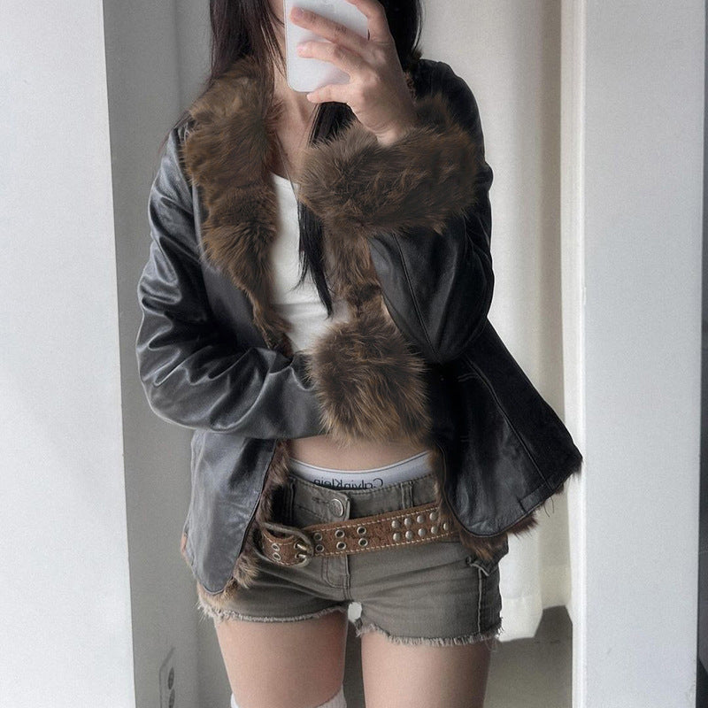 American Street Loose Fur Collar Leather Coat Limorista