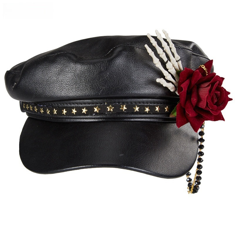 Steam Punk Goth Rose Bead Necklace Baseball Peaked Cap Skull Manual Alarm Bay Hat Limorista