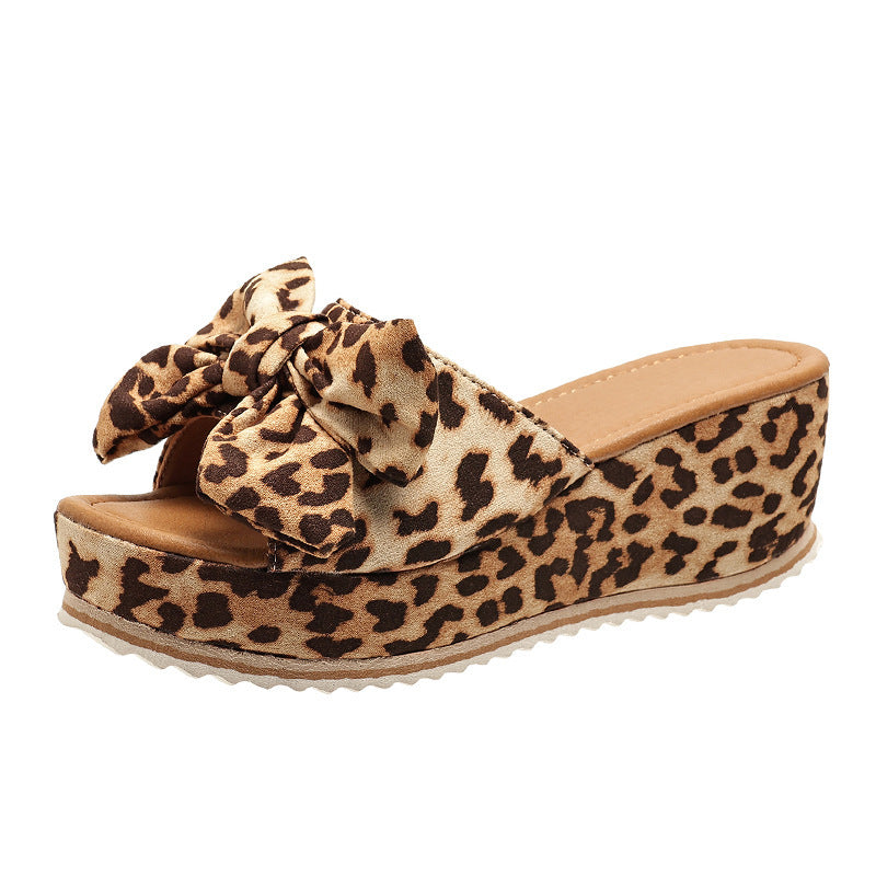 Fashion Bow Leopard Print Wedge Slippers For Women New Thick-sole High Heel Flat Shoes Summer Outdoor Fish Mouth Slippers Limorista