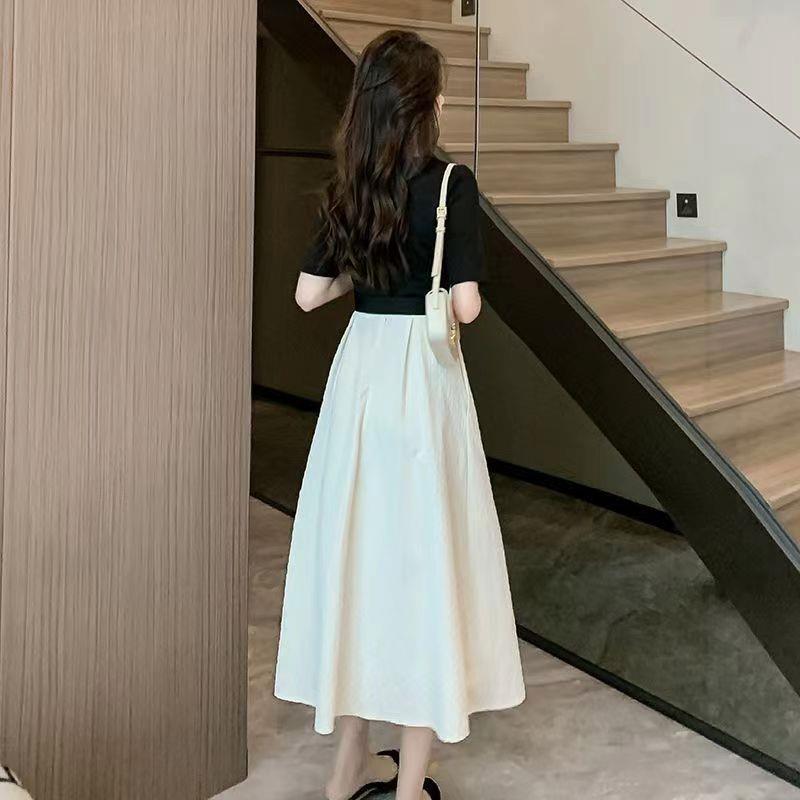 Square-neck Cinched Slimming Patchwork Niche Long Skirt Limorista