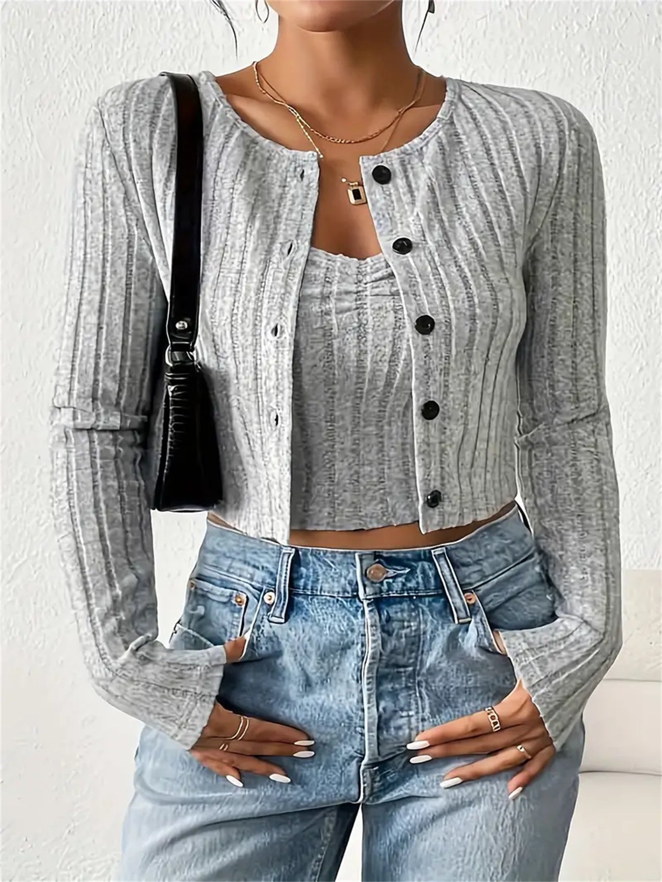 Rib Button Front Knit Elegant Set, Long Sleeve Cardigan & Sleeveless Crop Camisole, Women&