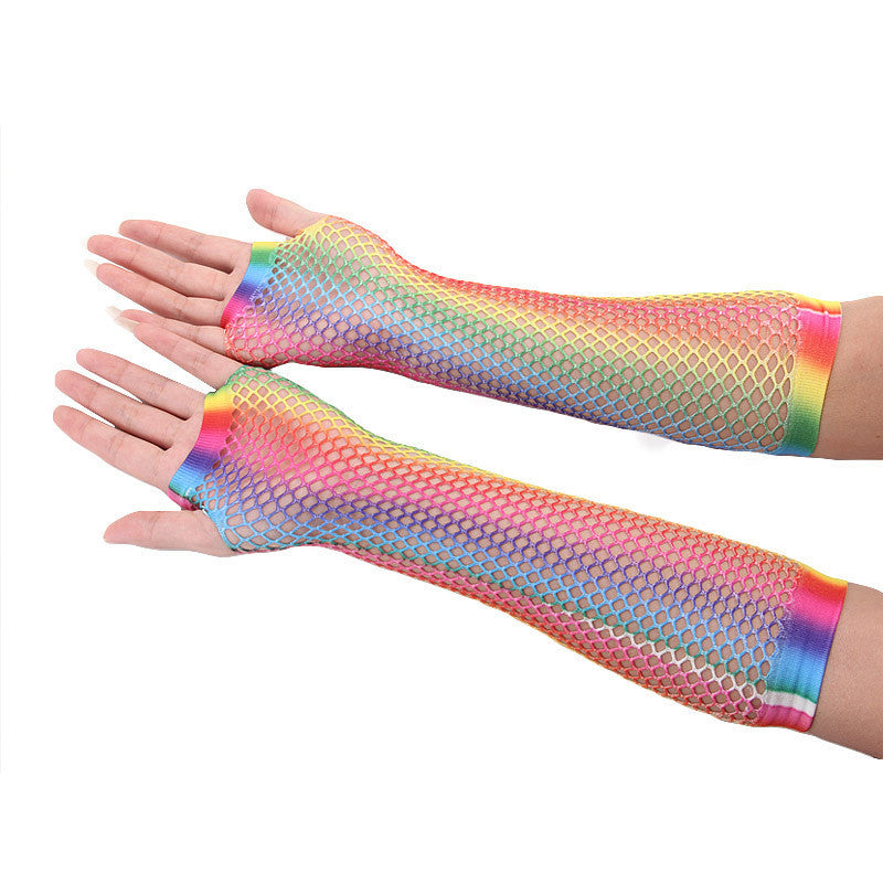 Rainbow Color Sexy Fishnet Half-finger Long Net Gloves Limorista