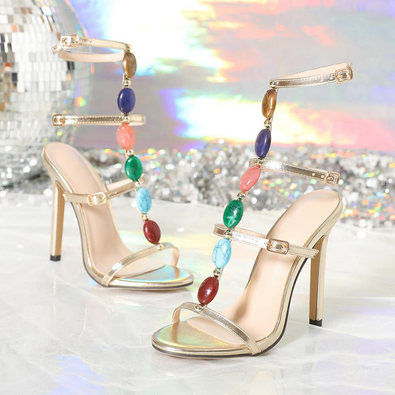 Fashion Colorful Beads Buckle Sandals Summer Stiletto High Heel Shoes Women Party Pumps Limorista