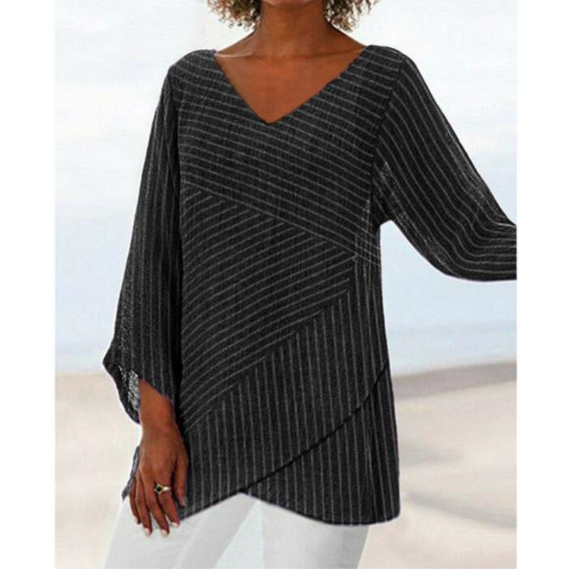 Limorista - V-neck solid color cross stripes women&