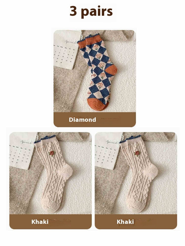 Vintage Small Flower Wool Socks Fleece Lined Padded Warm Keeping Tube Socks Limorista