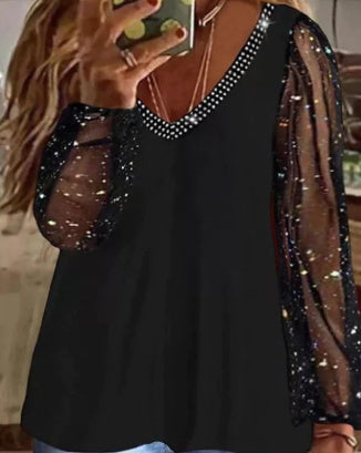 Limorista - Pure Sequined Top Pleated Long Sleeve V-neck Casual