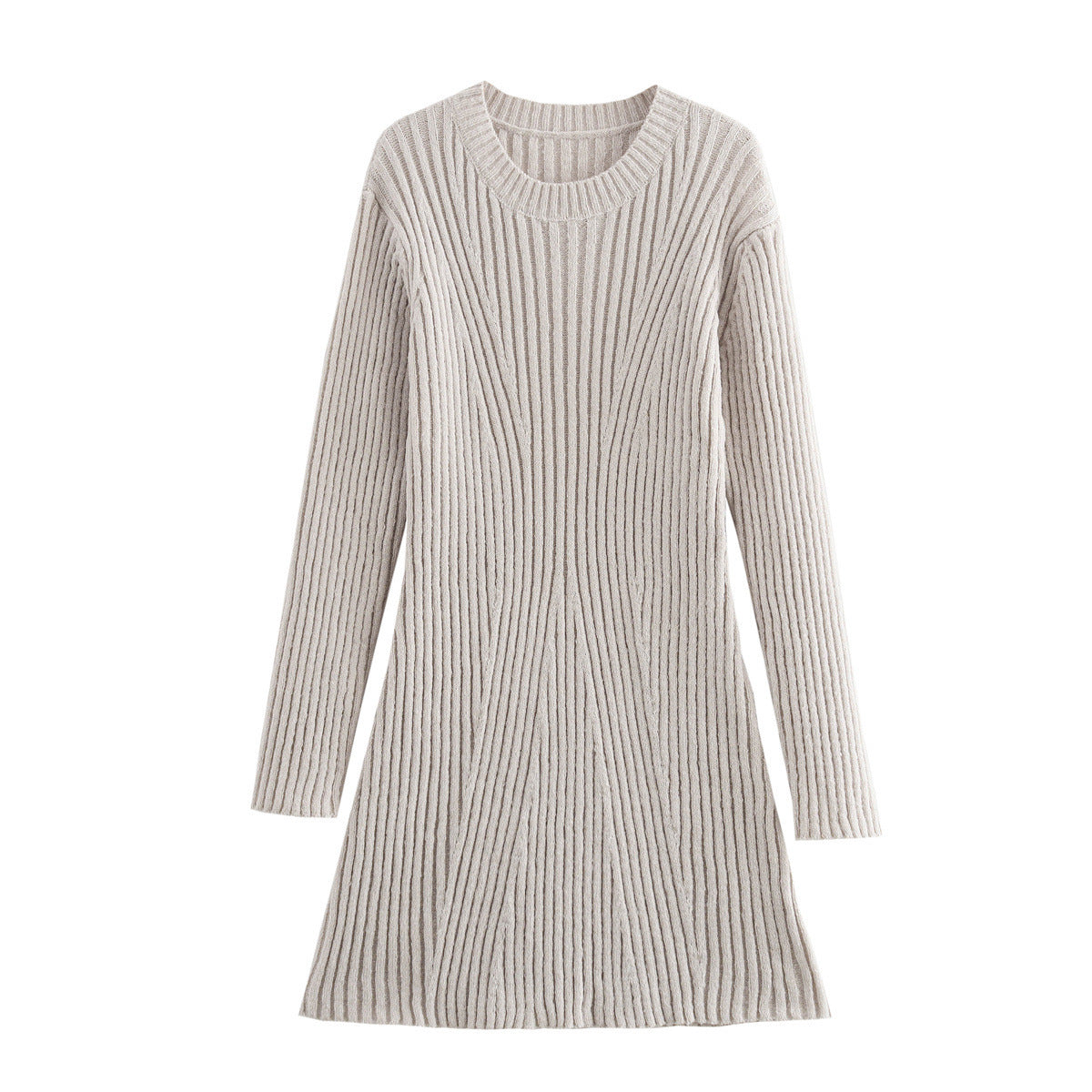 Fashion Solid Ribbed Knitted Dress Fall And Winter Slim-fit Stand-up Collar A-line Dresses Women&
