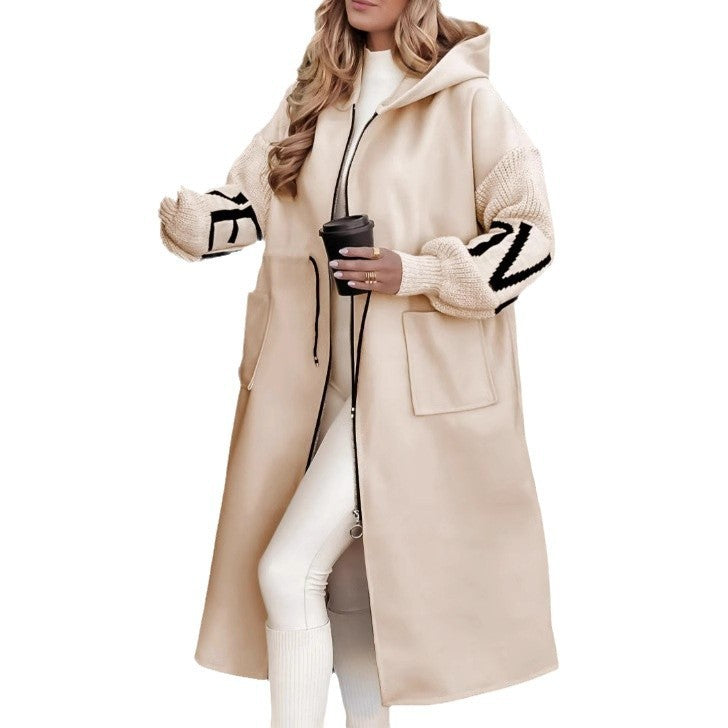 Hooded Windbreaker Long Jacket With Pockets And Drawstring Design Solid Color Knit-Sleeved Trench Coat For Women Clothing Fall Winter Limorista