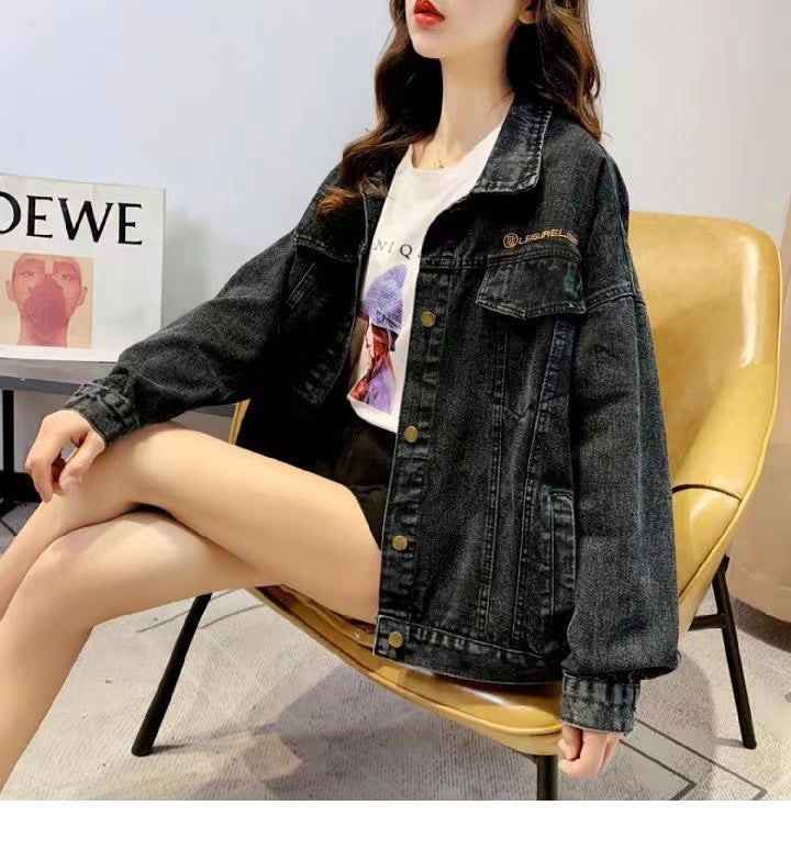 Limorista - Loose Embroidered Lettered Black Denim Jacket Slimming Jacket Coat For Women