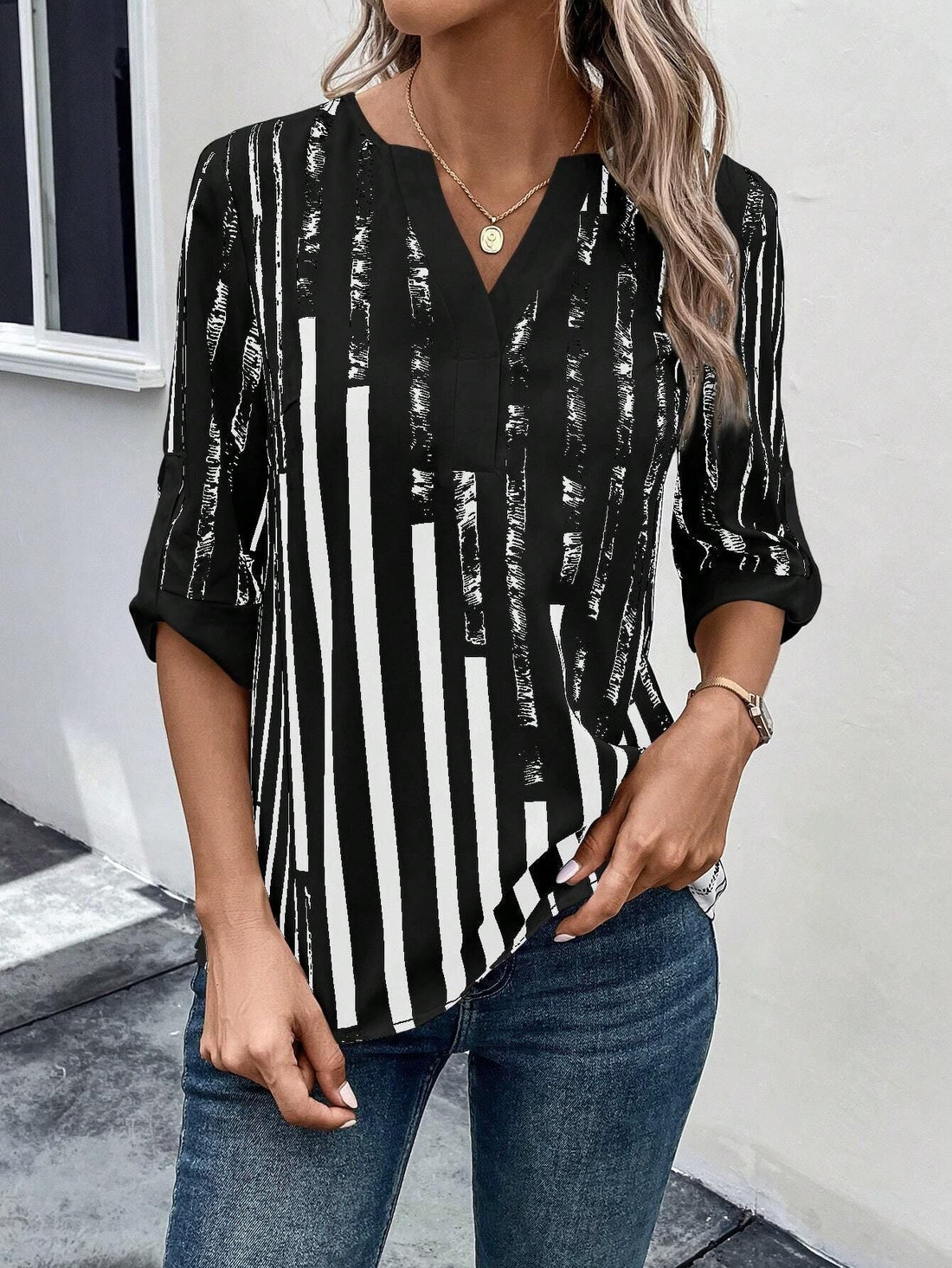 Double Matching Contrast Color Positioning Flower Half-sleeve Shirt Women&