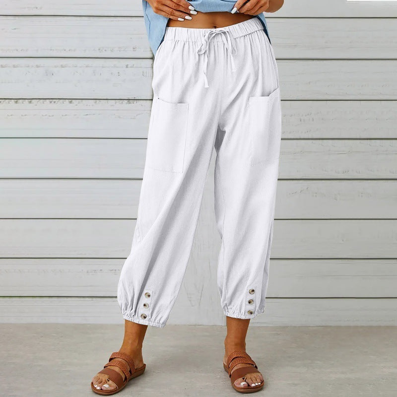 Loose High Waist Button Cotton And Linen Trousers Cropped Pants Wide Leg Women&