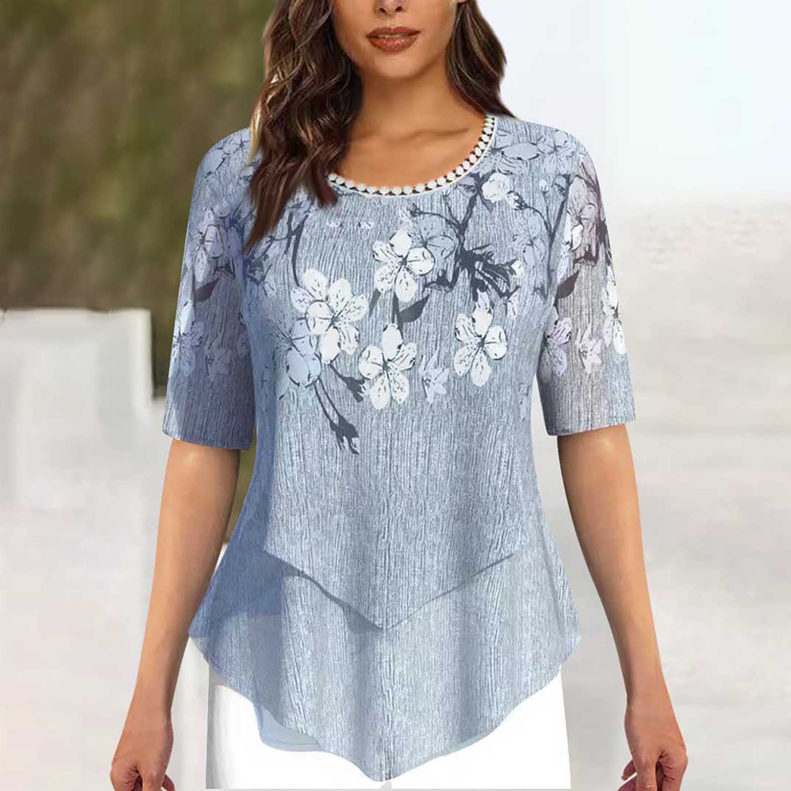 Positioning Printed Round Neck Irregular Short Sleeve Limorista