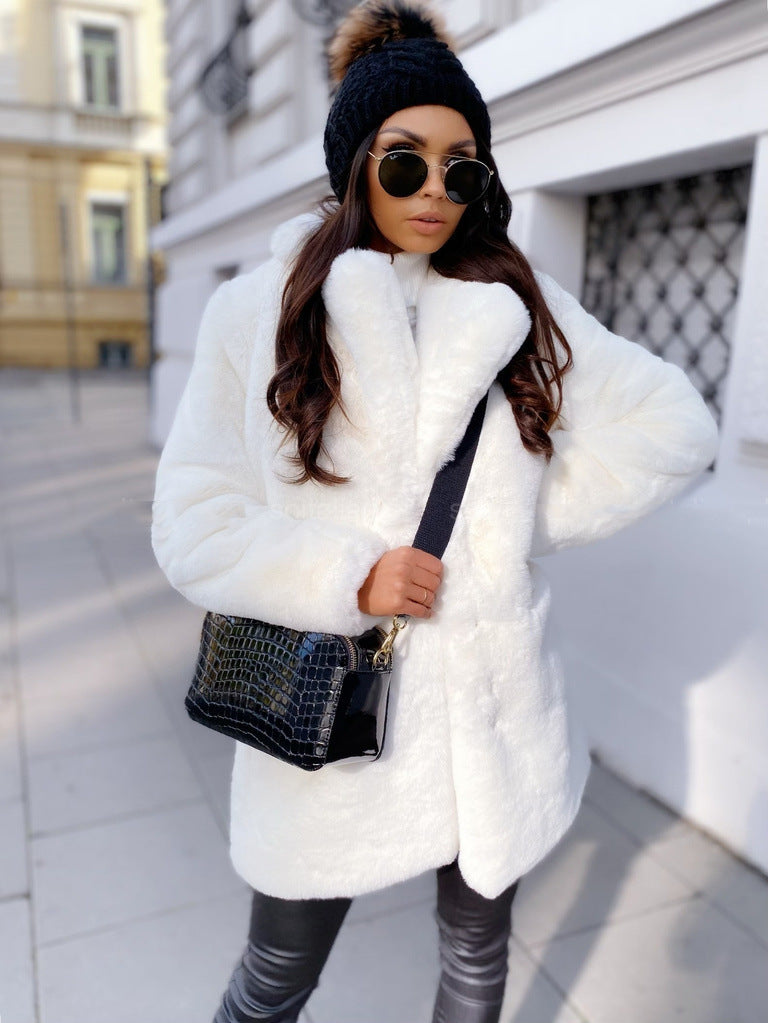 Temperament Long Sleeve Lapel Faux Fur Coat Solid Color Coat Women Fur Fur Women&