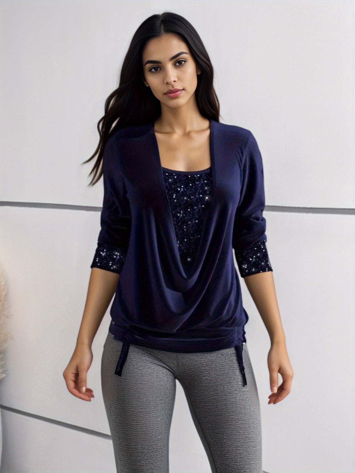 Sequin Contrast Solid Color Long Sleeve Women&