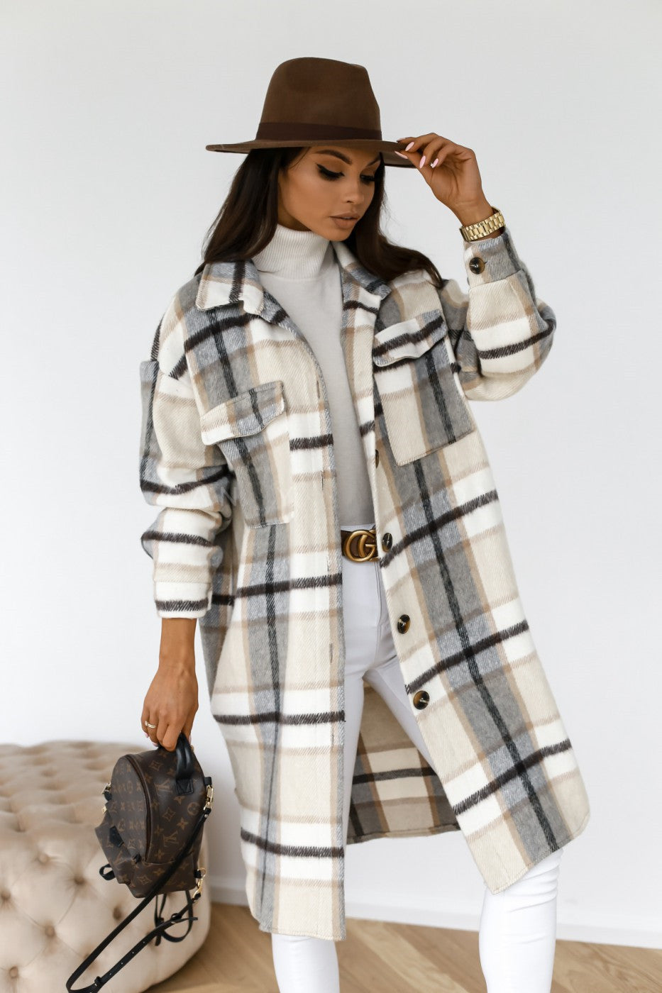 Button Lapel Casual Warm Plaid Long Woolen Coat Limorista