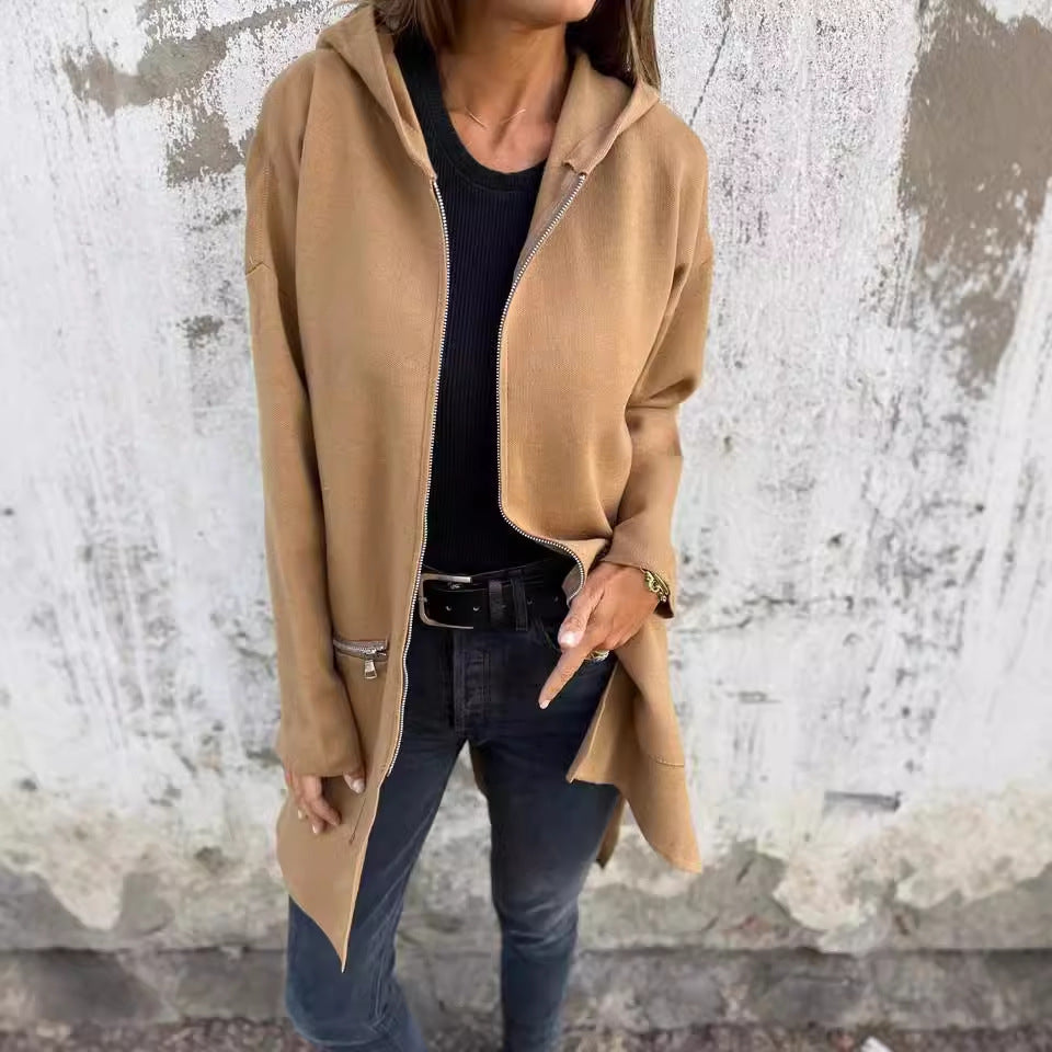 Autumn And Winter Solid Color Casual Zipper Hooded Jacket Coat Limorista