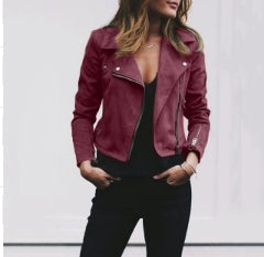 Lapel And Diagonal Zipper Short Women&