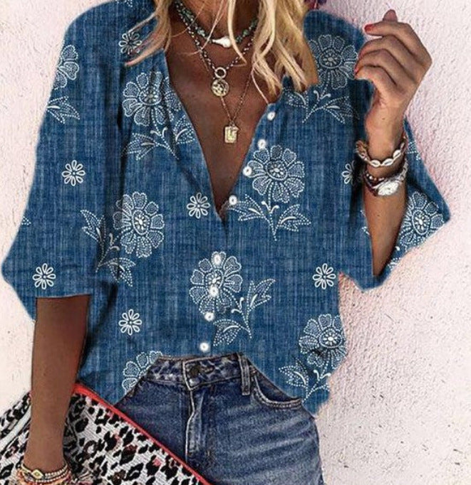 Fashion V-neck 3d Floral Printed Long-sleeved Top Limorista